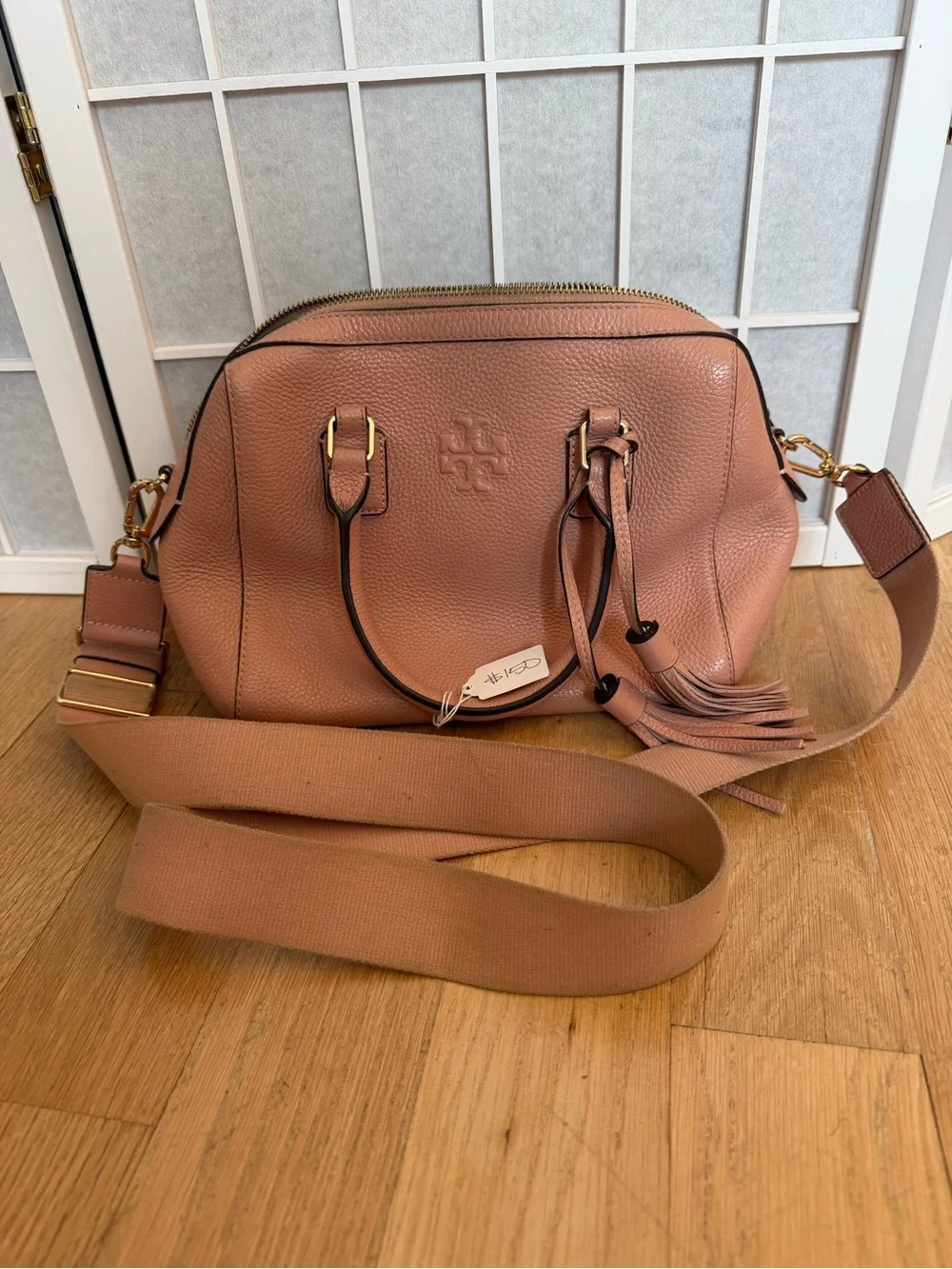 Tory Burch Blush Pink Pebbled Leather Satchel with Adjustable Strap